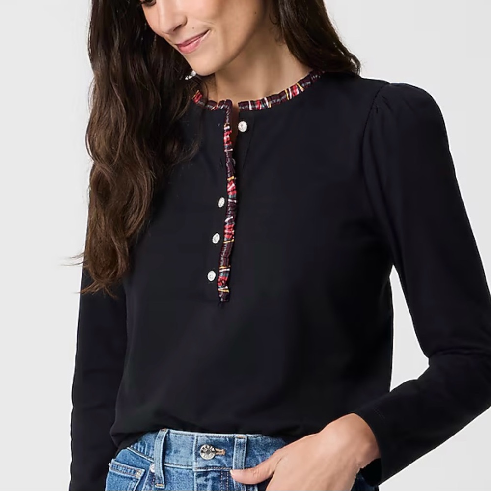 J.Crew Factory Long-Sleeve Tartan and Jewels Henley in Black - XS NWT